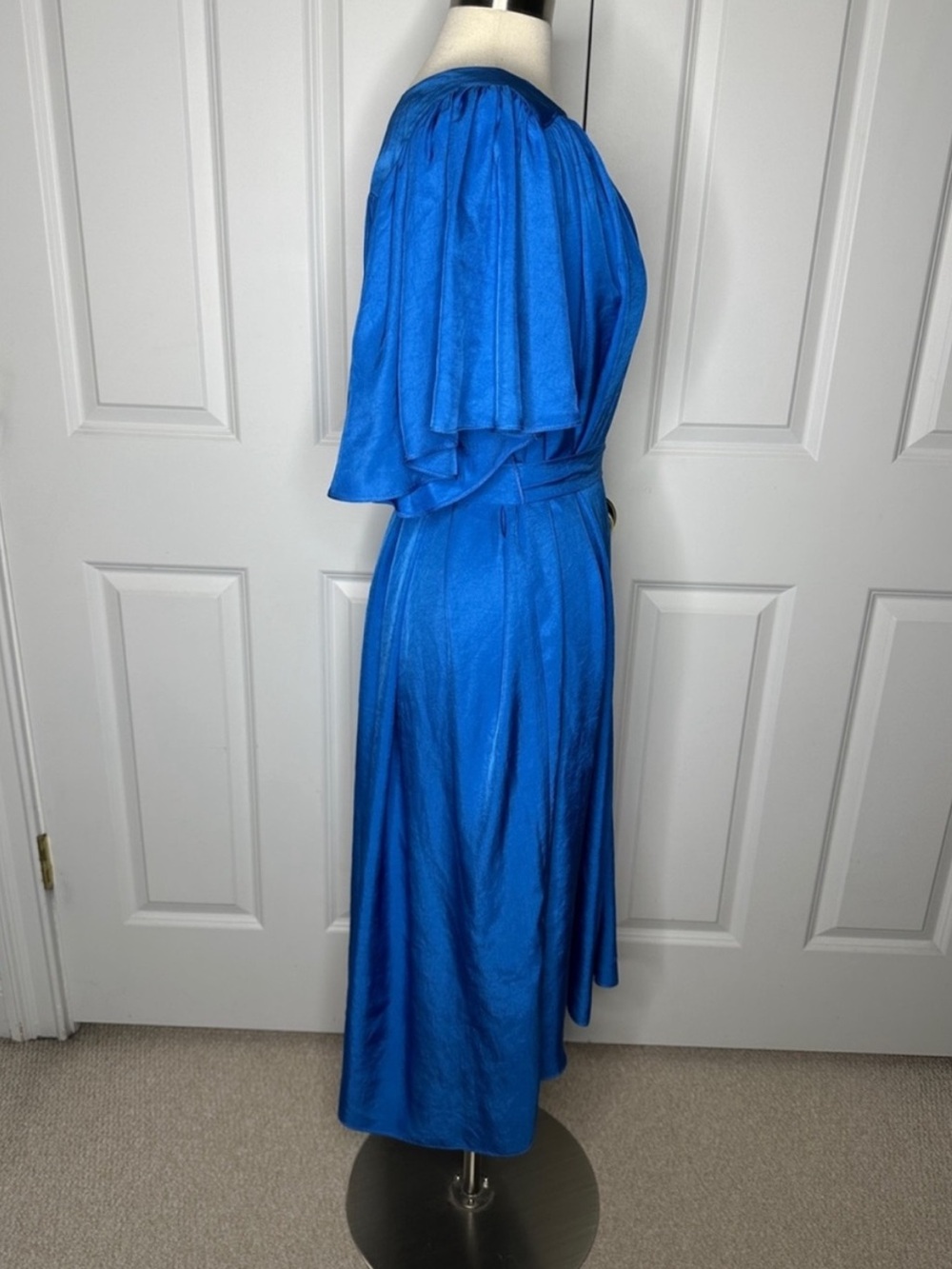 Ciao Lucia Serafina Satin Tie Wrap Midi Dress Flutter Short Sleeve V Lapis Blue - Picture 10 of 11